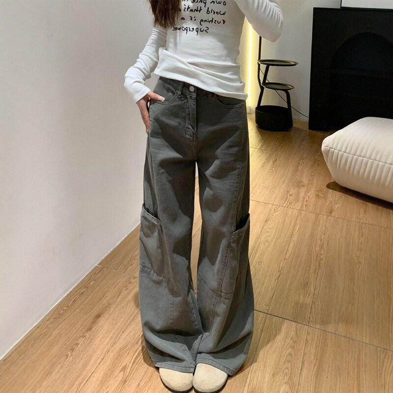 美式水泥灰阔腿工装裤女春季新款胖妹妹mm梨形身材宽松显瘦休闲裤