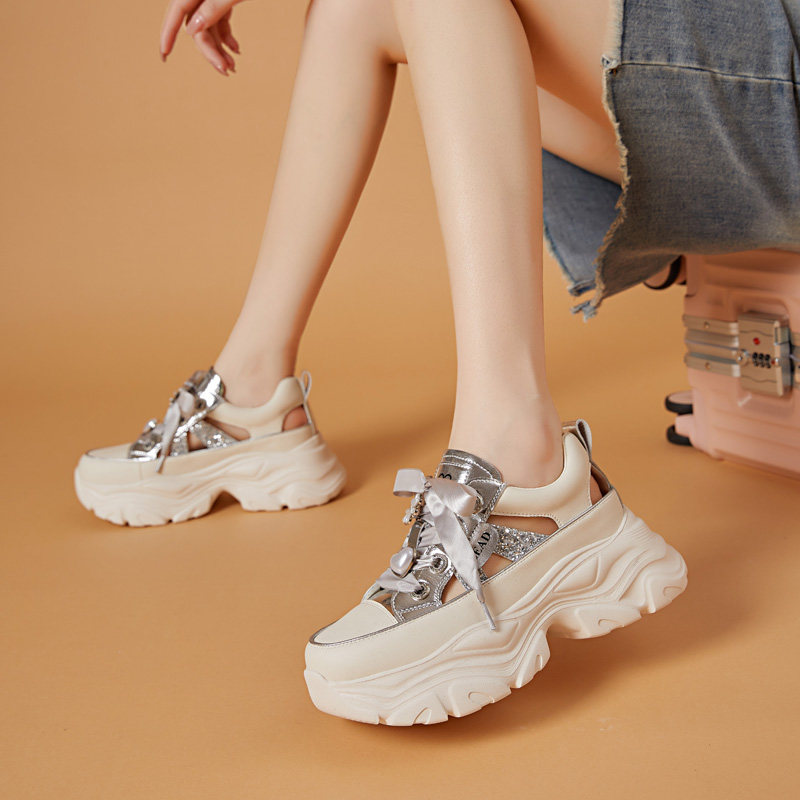 运动凉鞋女2024新款夏季外穿镂空洞洞透气网面老爹鞋厚底增高女鞋