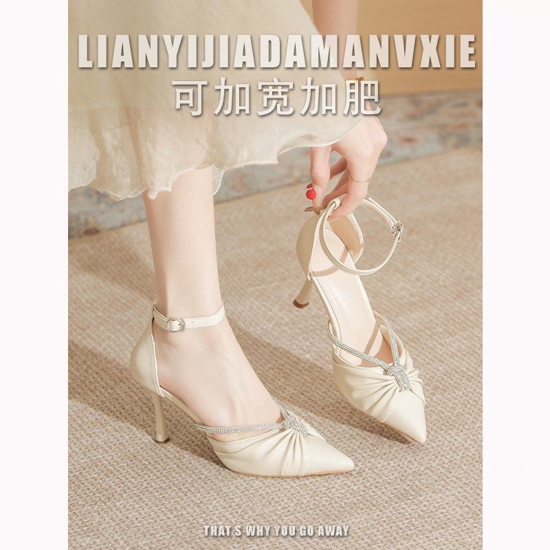 脚宽胖大a码法式高跟鞋女41一43加宽肥尖头细跟一字带包头凉鞋中