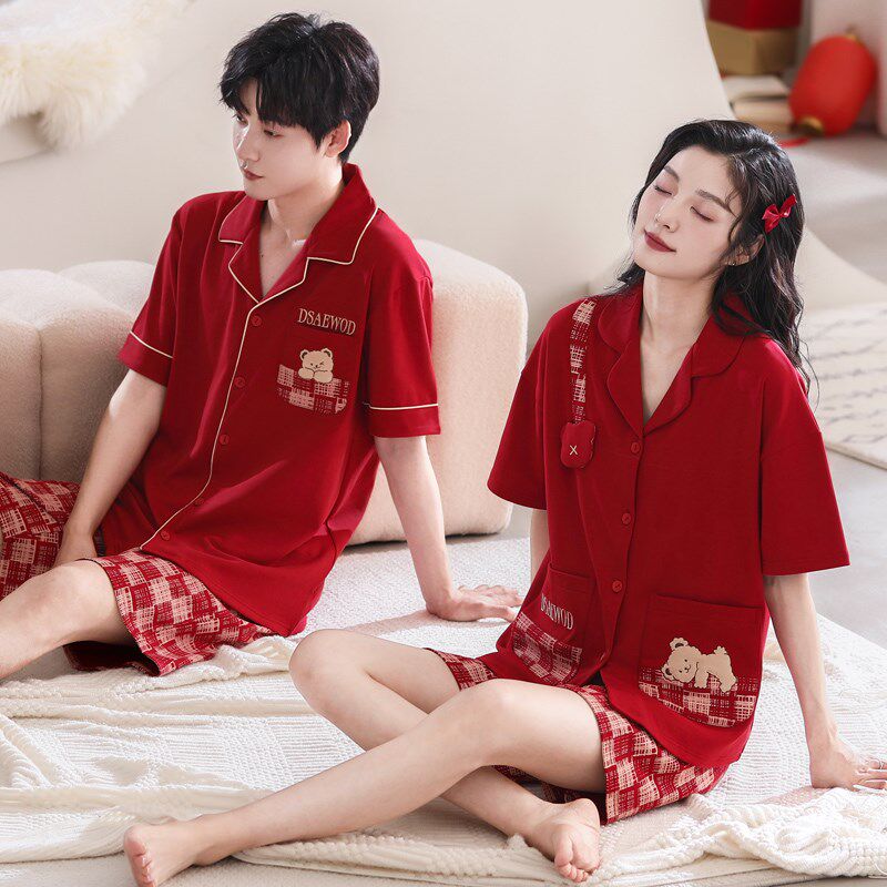 情侣睡衣女夏季纯棉短袖套装红色新婚结婚男大Q码本命年夏天家居