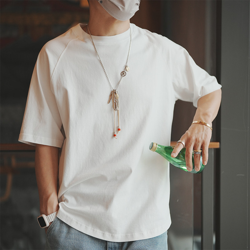 日系复古简约纯色百搭休闲短袖T恤男高品质纯棉宽松插肩半袖打底