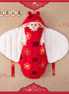 宝宝包被a纯手工棉花外出红色抱被薄厚纯棉春秋款新生婴儿推车睡