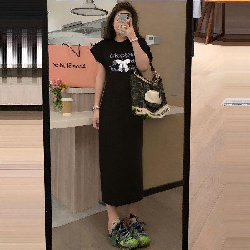 大码黑色长款t恤裙子短袖女2025新款夏季胖mm遮肚藏肉显瘦连衣裙