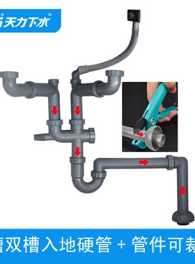 厨房水槽洗菜盆下水管配件r 双盆洗碗盆排水硬管入地裁切GR002C01