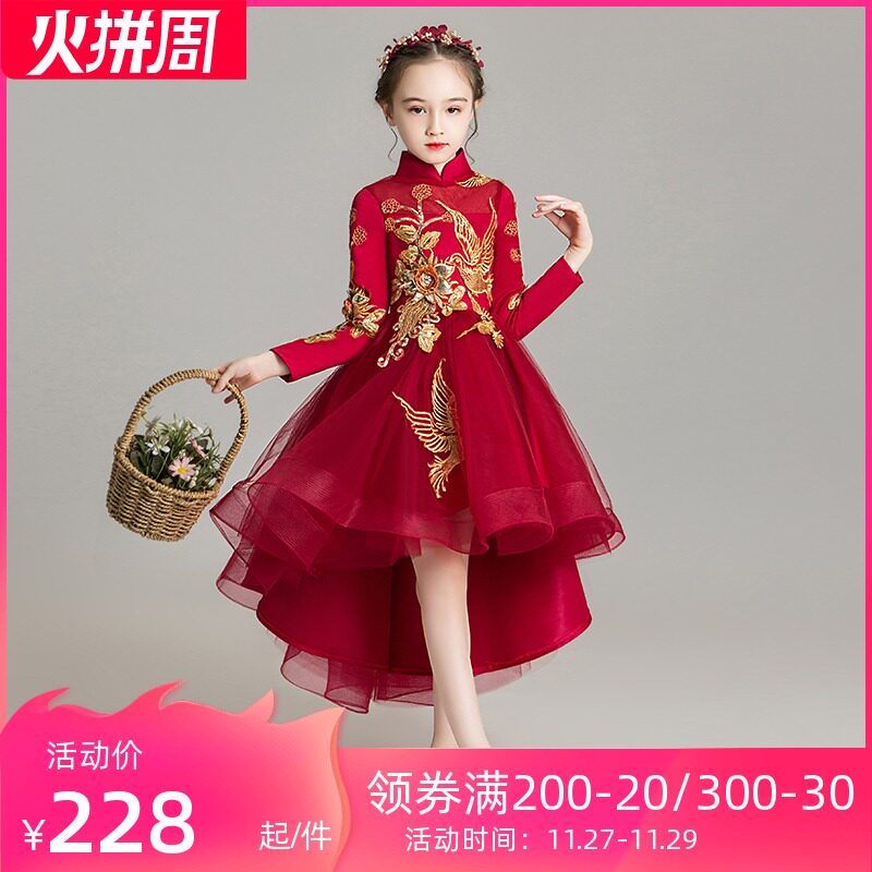儿童晚礼服中国风中式国潮女童婚纱花童敬酒小孩拜年长袖高端秋冬