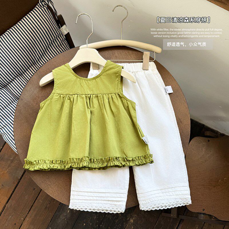 韩国女童套装夏季洋气宝宝时髦无袖娃娃衫阔腿裤儿童森系夏天衣服