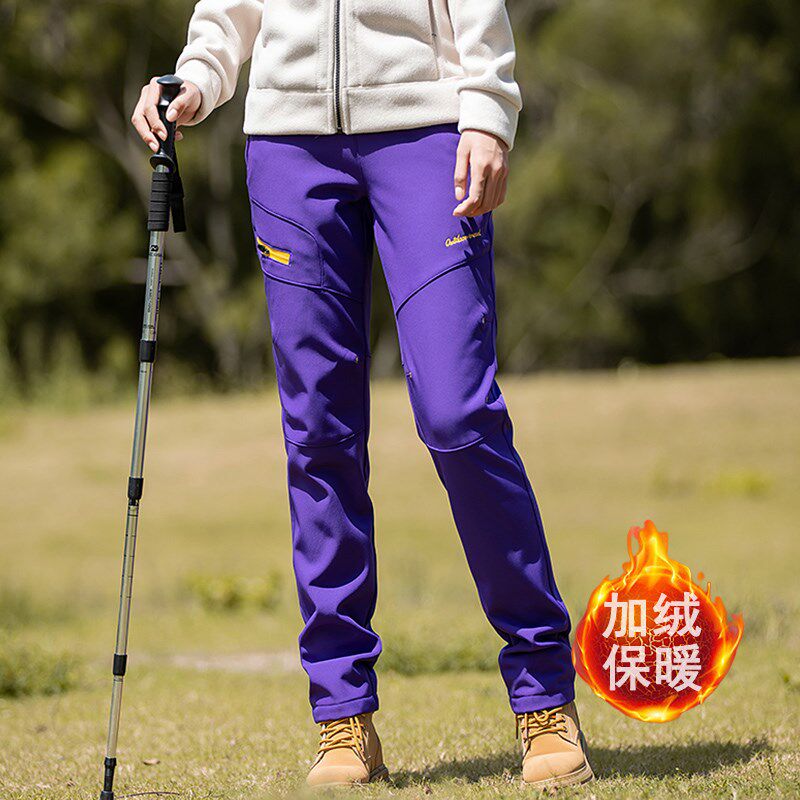 户外加绒软壳冲锋裤女p加厚保暖防风防水徒步登山裤直筒运动长裤