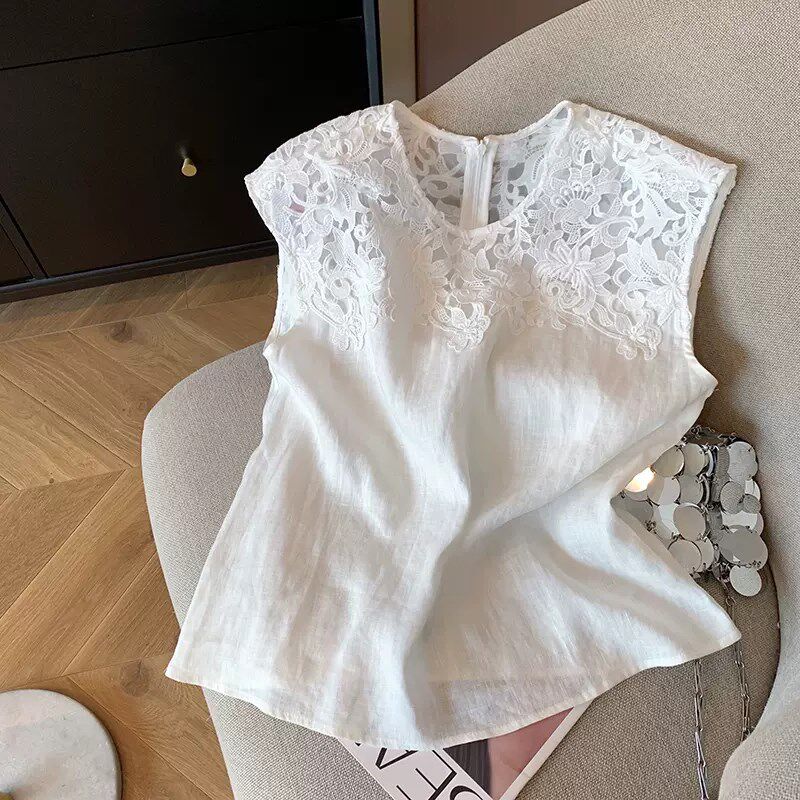 白色镂空蕾丝拼接亚麻背心女夏季欧货高级感宽松内搭棉麻无袖上衣