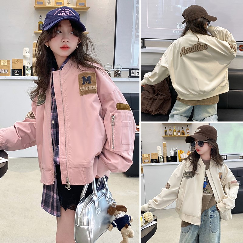 女童夹克外套春秋款2024韩版M贴标棒球服夹克女孩洋气时髦上衣潮