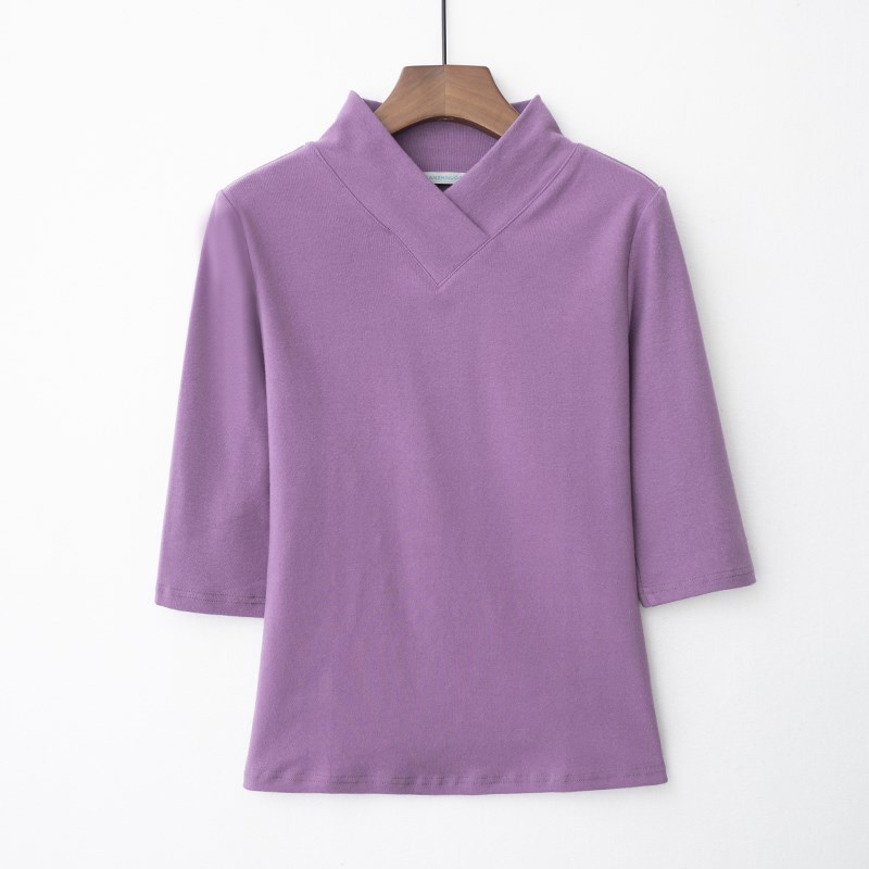 女士新款春秋装棉抓绒交叠汉服半高领修身中袖弹力T恤打底衫上衣t