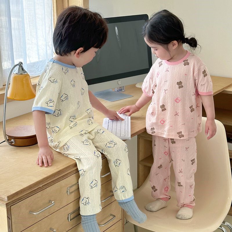儿童夏季纯棉睡衣套装男童女童薄款空调服a类宝宝短袖透气家居服