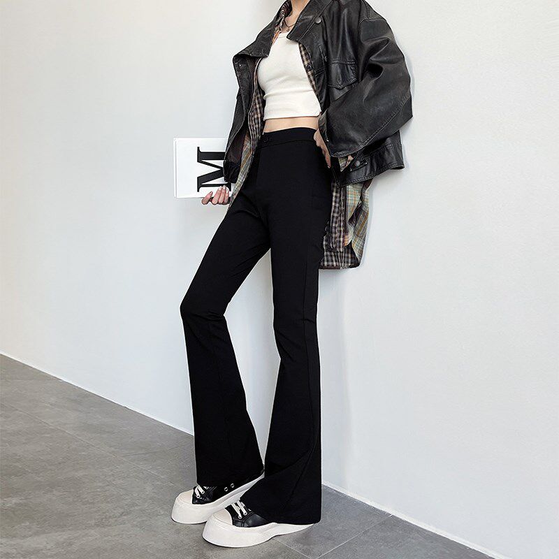 黑色西装微喇裤女春秋2025新款梨型身材高腰直筒休闲显瘦喇叭裤子