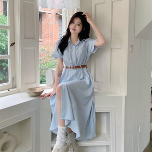 中长裙潮 显瘦通勤翻领连衣裙配腰带收腰A字开衫 谷谷家大码 女装