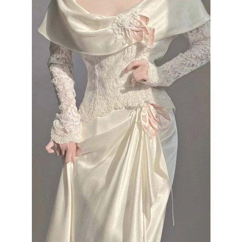 法式一字肩复古轻婚纱新款新娘气质小礼服裙白色旅拍小众连衣裙