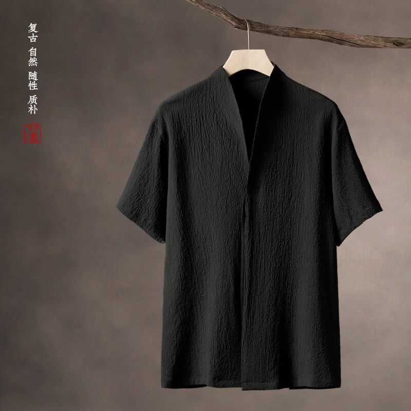 中国风男装夏季薄款凉感冰丝无感T恤短袖V领开衫中式汉服短袖套装