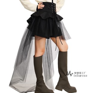 复古半身裙高腰不规则前短后长松紧腰封束K腰带蕾丝裙大摆燕尾拖