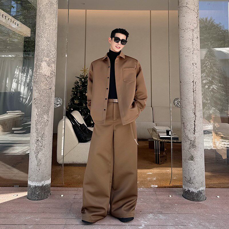 春装加厚缎面立体剪裁衬衣套装男廓形腰带时尚洋气阔腿长裤拖地裤