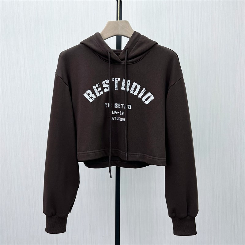 图2025春季新品 连帽套头印花卫衣女休闲宽松短款帽衫上衣4508