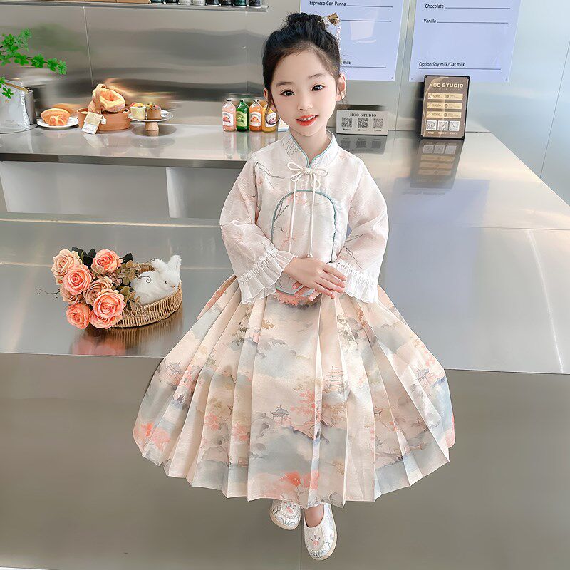 女大童马面裙套装春秋季2024新款中国风改良汉服春装新中式连衣裙