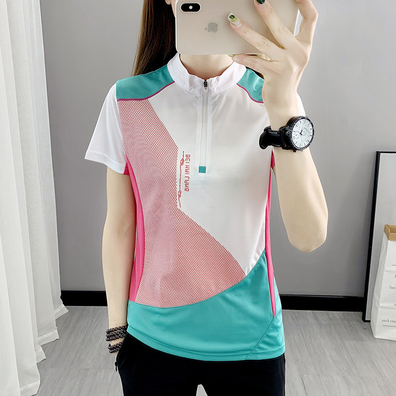 速干衣女短袖薄款户o外运动跑步衣服印花冰丝夏季快干宽松立领t恤