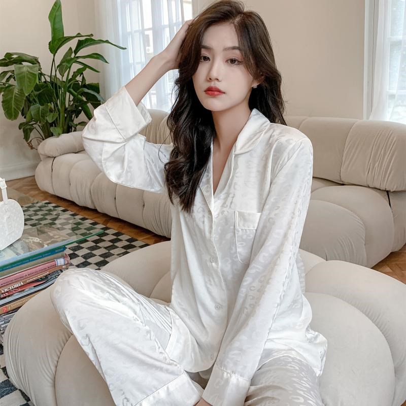 春秋冰丝睡衣女提花豹p纹长袖真丝薄款夏季白色韩版丝绸套装家居