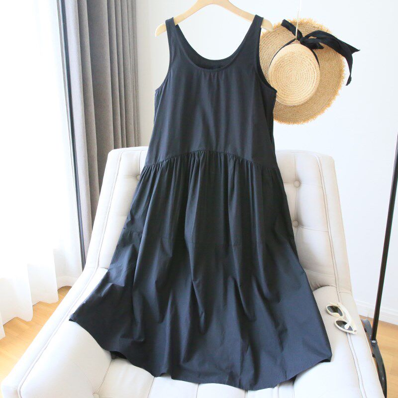 1定入~高级感黑色背心连衣裙女无袖纯棉宽松中长款A字裙子春夏潮