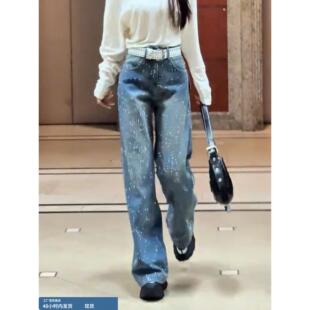 2025年秋冬新款韩版高腰显瘦蓝色亮片牛仔裤直筒宽松百搭阔腿裤女