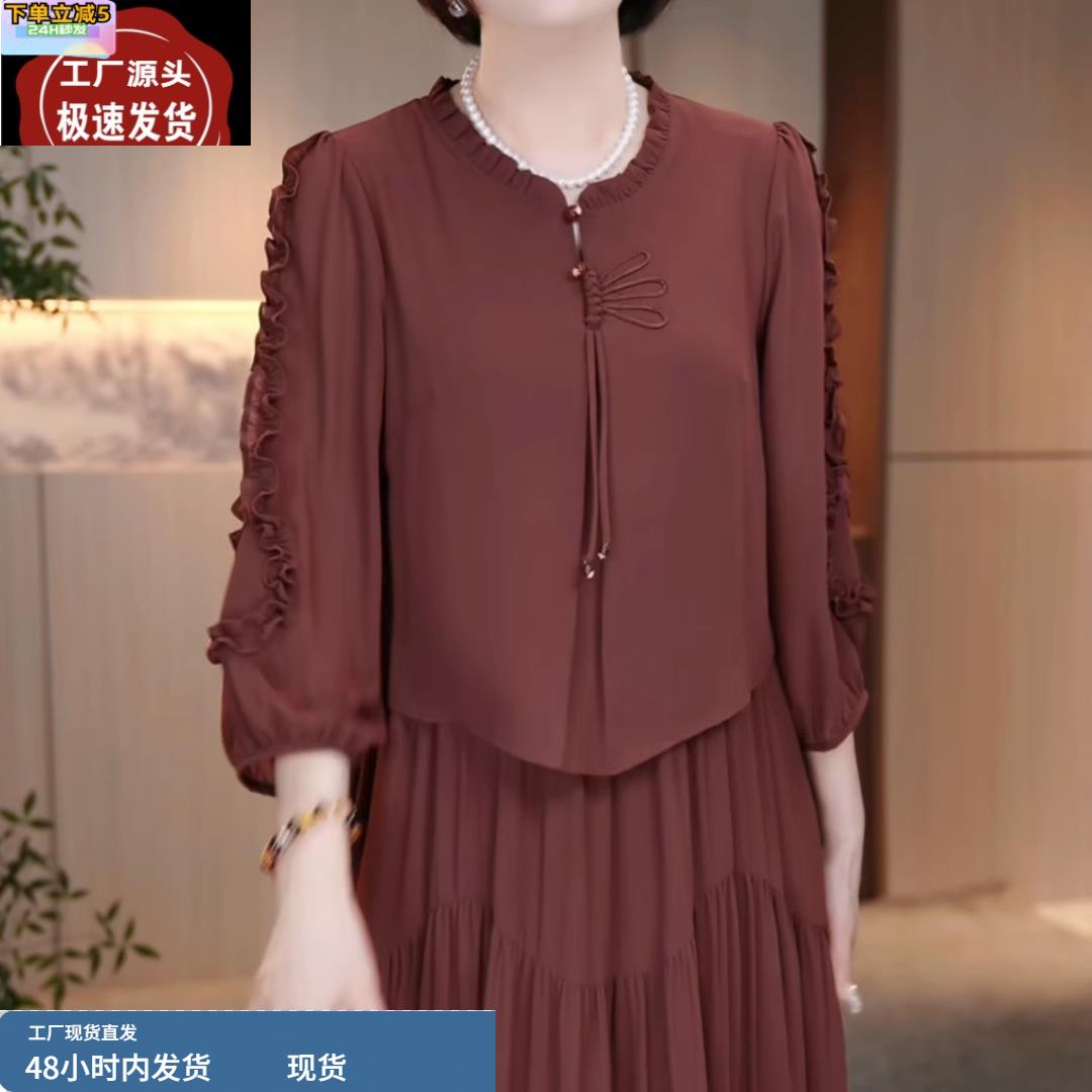 显瘦洋气气质假俩件大码宽松连衣裙女2025春季新款减龄中长款裙子