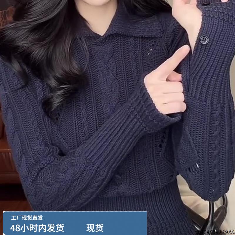 韩版深蓝色翻领针织衫修身显瘦百搭气质休闲简约温柔早秋新款2025