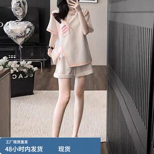 炸街休闲运动套装女夏洋气减龄个性拼色开叉上衣高腰短裤两件套潮