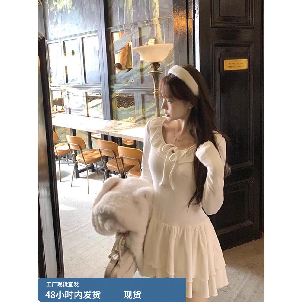 温柔加厚蛋糕针织连衣裙女设计感小众收腰气质打底内搭短裙子冬季