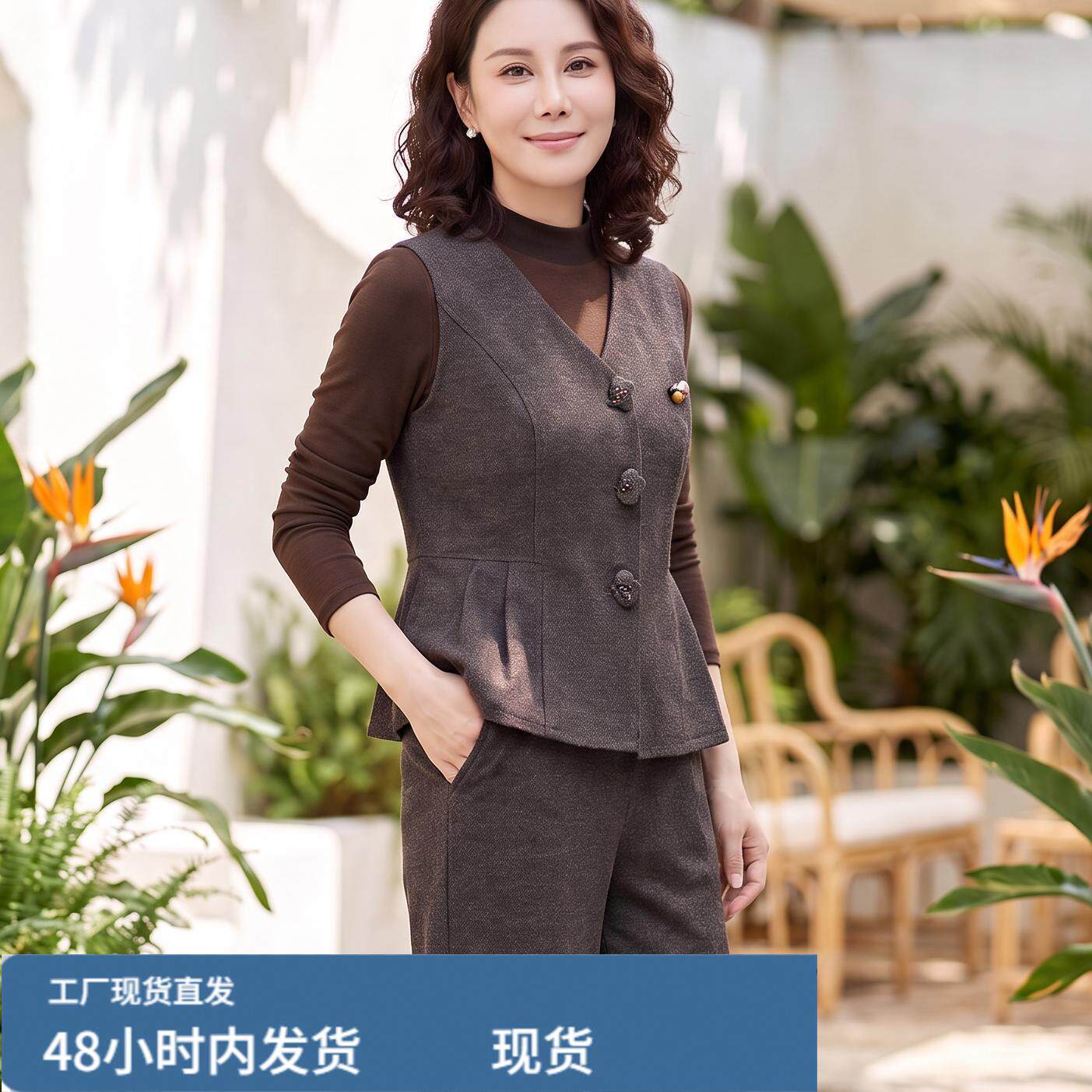 高端中老年妈妈女装假两件套装春秋新款2026年时尚洋气秋冬两件套