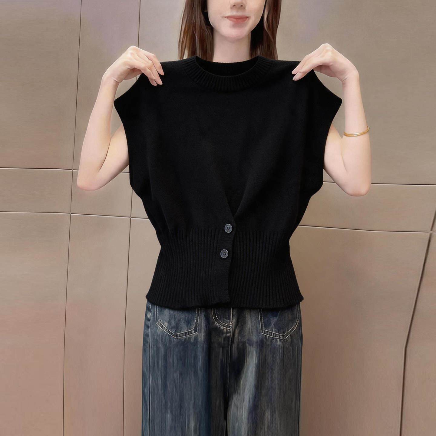 2026秋季新品黑色无袖针织背心女装收腰纽扣装饰气质内搭小衫上衣