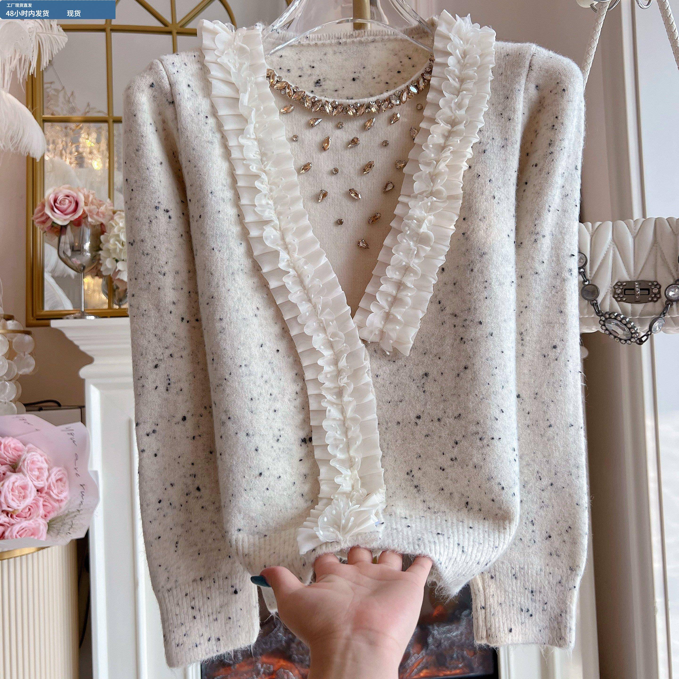 巨好看秋冬季设计感荷叶边钉珠假两件毛衣外套宽松v领针织开衫女