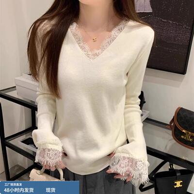 2025春装新款女装v领蕾丝针织打底衫内搭喇叭袖毛衣高级感上衣潮