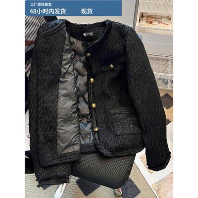 黑色小香风羽绒外套女2025新款秋冬季小个子加绒加厚短款棉服上衣