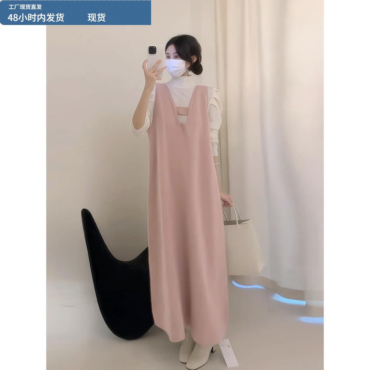 套装女两件套女秋冬季韩版V领无袖减龄连衣裙内搭泡泡袖叠穿长裙