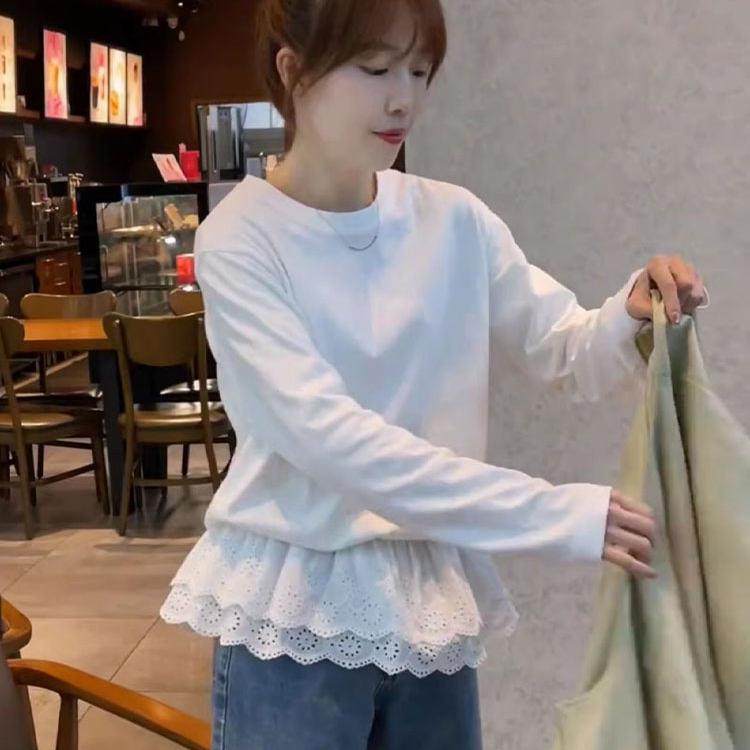 2025年新款秋冬蕾丝拼接长袖t恤女圆领套头通勤风叠穿内搭打底衫
