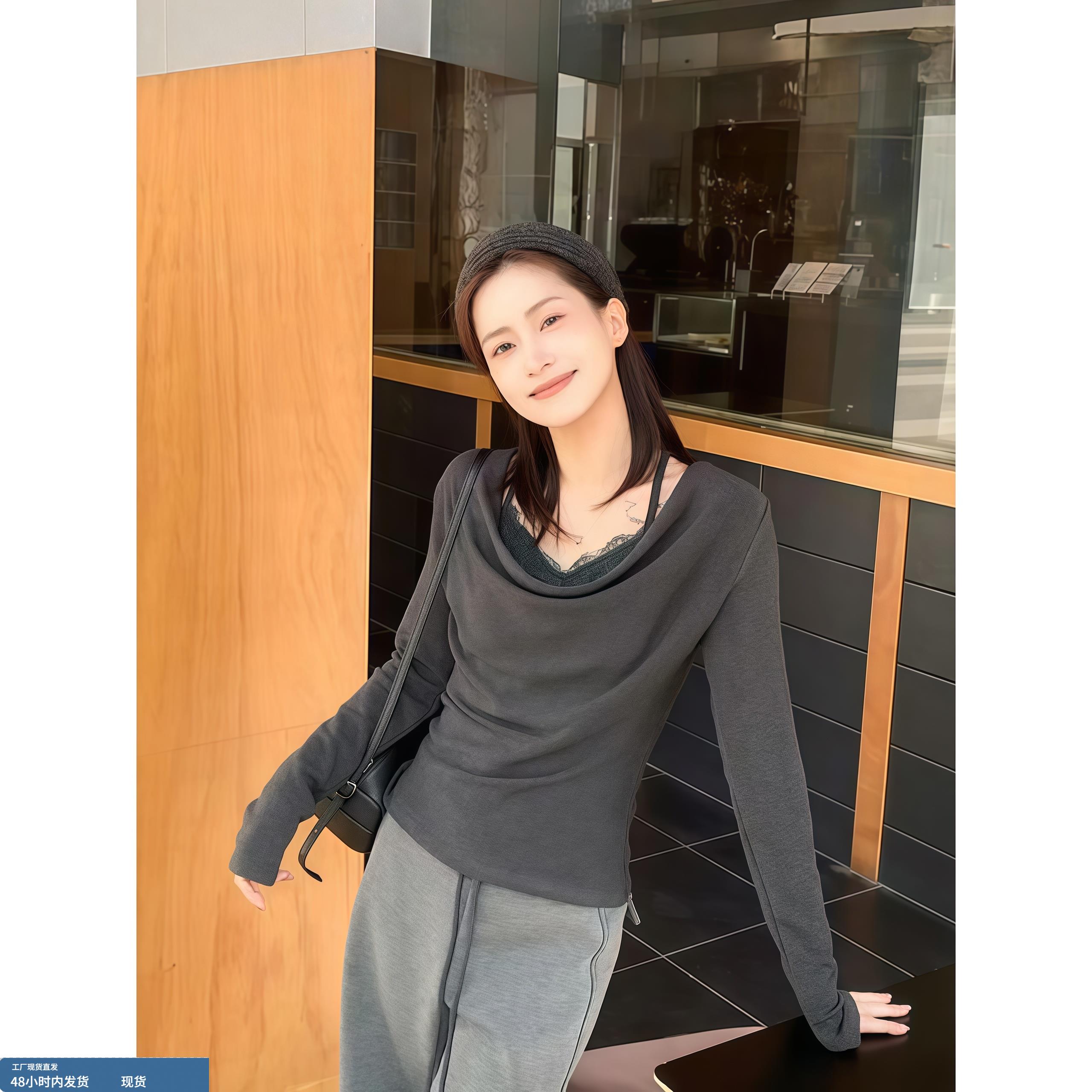 设计感气质荡领蕾丝拼接打底衫女秋冬季新款修身显瘦百搭别致上衣