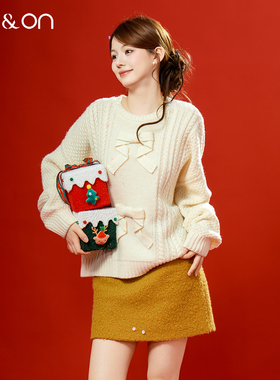ON＆ON/安乃安2025冬季新款韩系圆领粗针钩花蝴蝶结减龄针织毛衣
