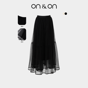 韩系高腰松紧温柔风压褶气质网纱半裙 新款 ON＆ON 安乃安2025冬季