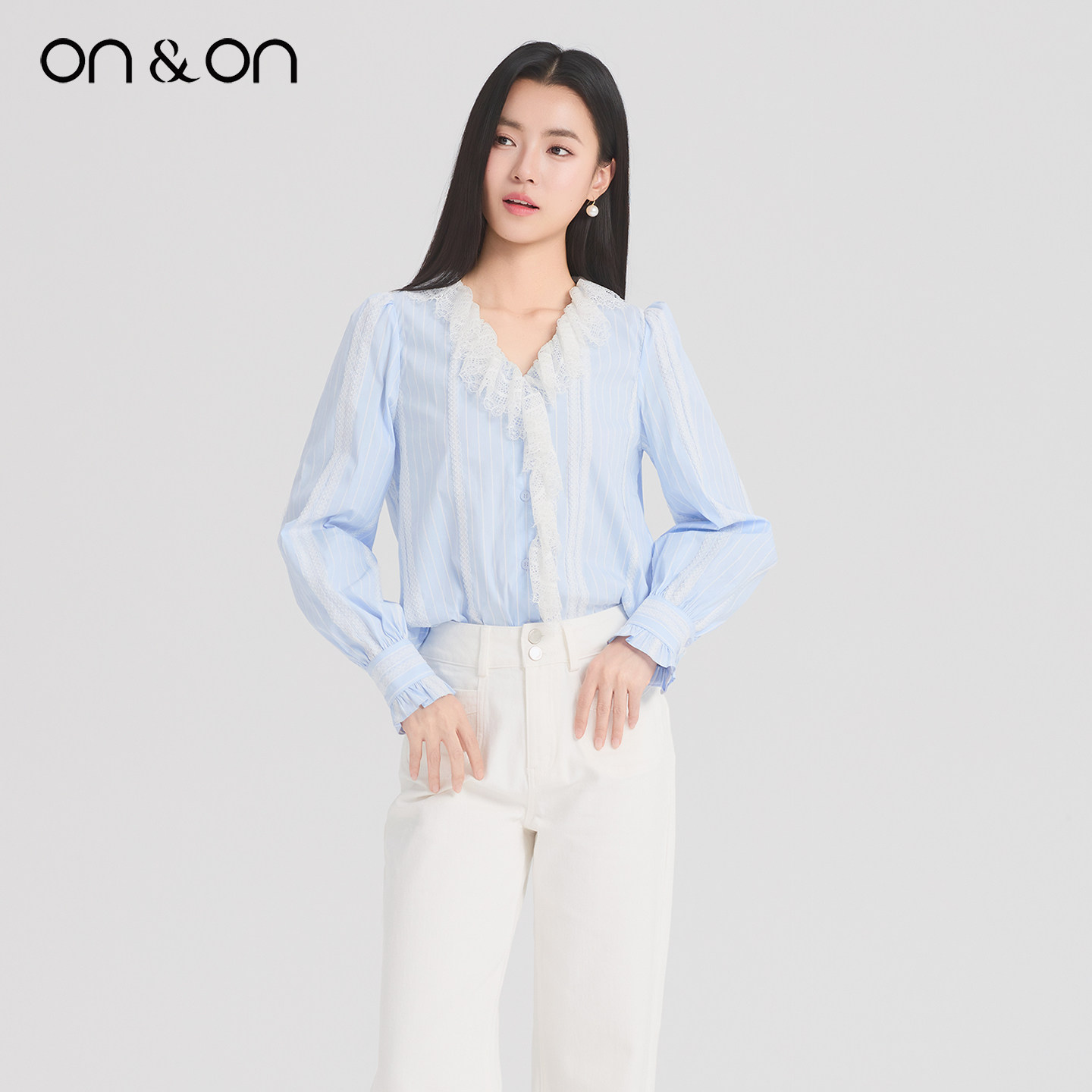 ON＆ON/安乃安2026春季新款法式V领木耳边蕾丝拼接条纹甜美
