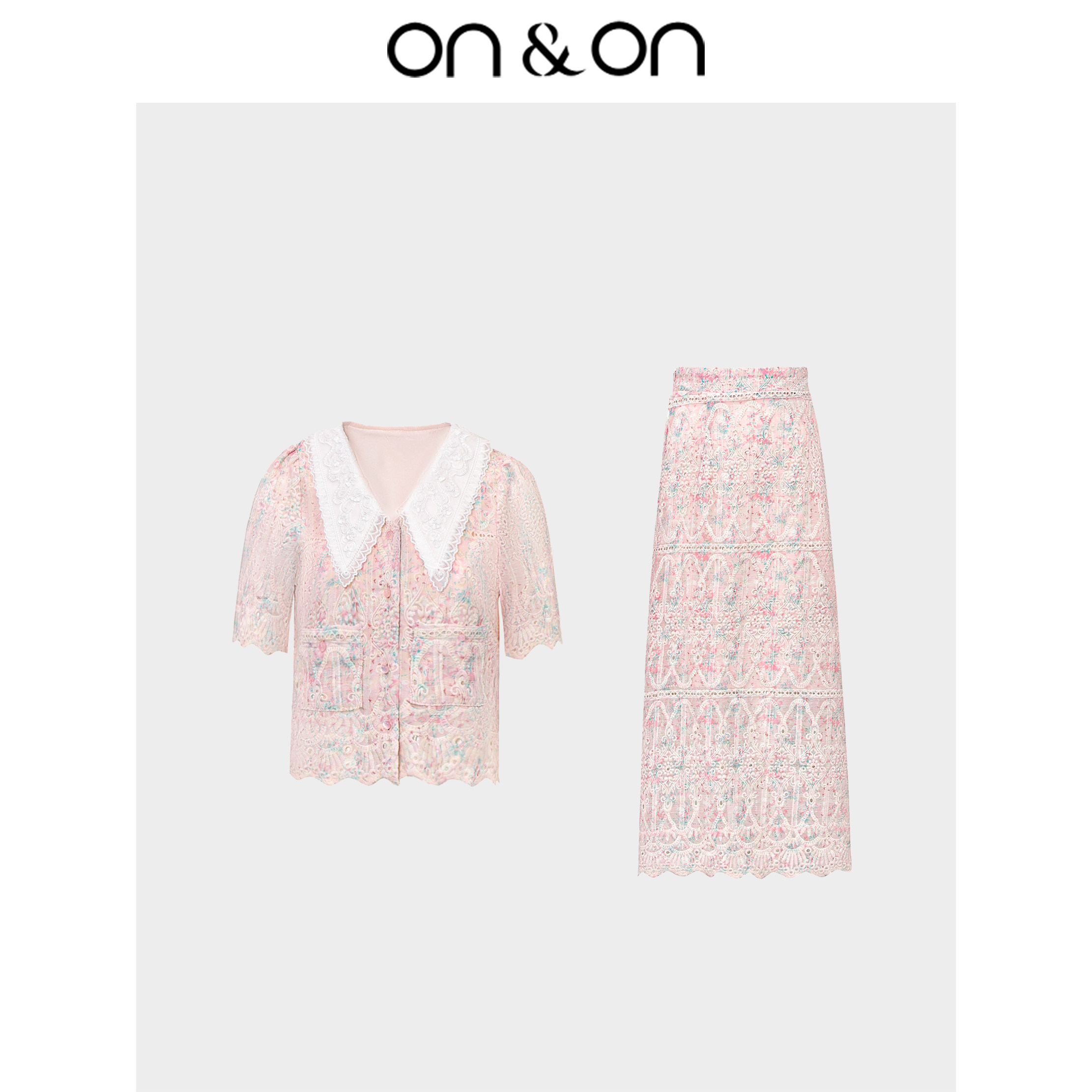 ON＆ON/安乃安夏季新款新中式绝美撞色气质绣花小衫+绣花半裙套