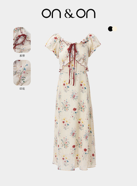 ON＆ON/安乃安2026春夏新款法式方领木耳边蝴蝶结系带减龄连衣裙