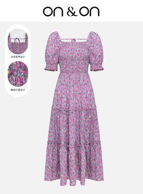 ON＆ON/安乃安韩系方领一字肩灯笼袖碎花超显瘦连衣裙紫色设计