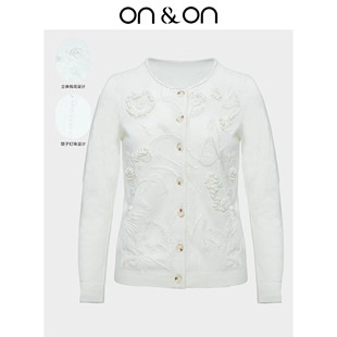 立体钩花圆领刺绣单排扣钉珠羊绒开衫 新款 安乃安2025冬季 ON＆ON