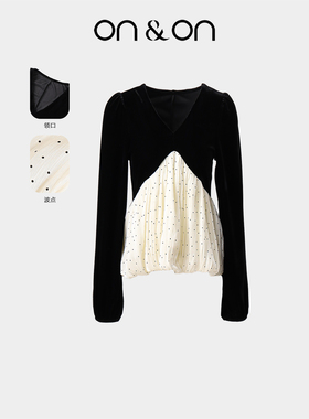 ON＆ON/安乃安2025冬季新款韩系V领时尚复古丝绒拼接减龄波点小衫