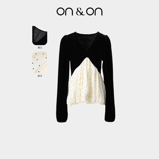 复古丝绒拼接减龄波点小衫 ON＆ON 韩系V领时尚 新款 安乃安2025冬季