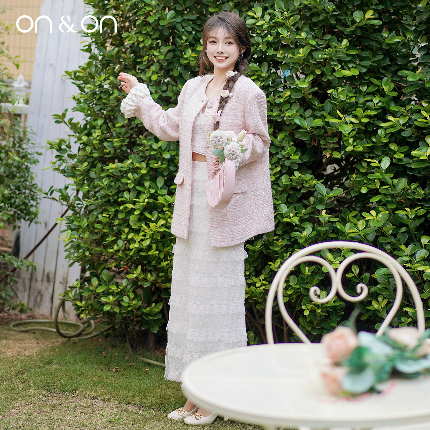 ON＆ON/安乃安韩系温柔花瓣袖粉色甜美气质减龄中长款小香风外套