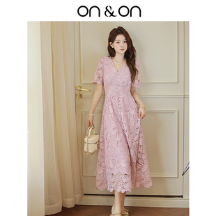 韩系多巴胺可露丽气质蕾丝钩花连衣裙 新款 ON＆ON 安乃安2025夏季